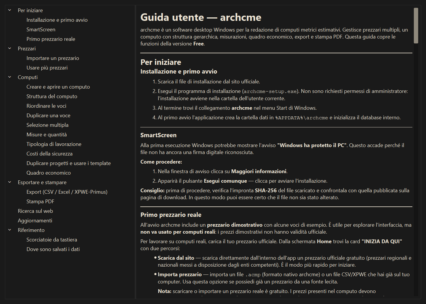 Guida utente integrata nell'app
