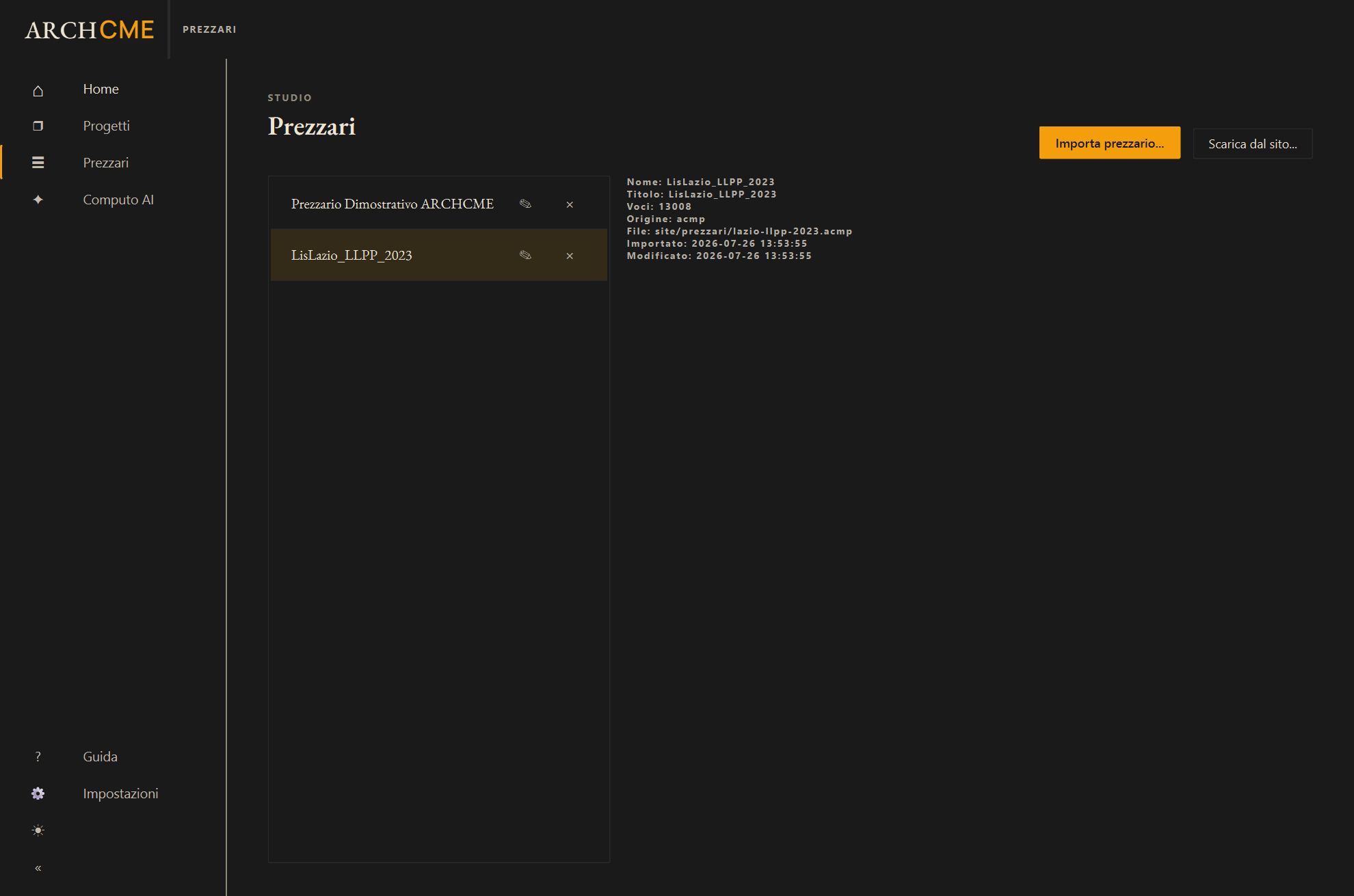 Catalogo dei prezzari in ARCHCME